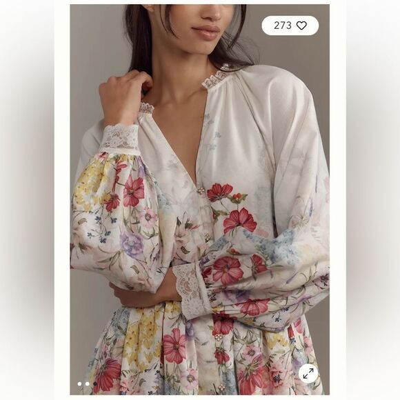 Anthropologie Let Me Be Long-Sleeve V-Neck Floral A-Line Midi Dress